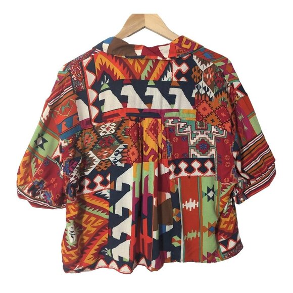 Christian Siriano Aztec Button Up Top Shirt Womens L Short Sleeve Crop Y2K 90s - Picture 2 of 6